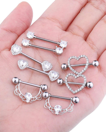 Stainless Steel Heart Nipple Piercing Rings Sets 14G Crystal Tongue Ring Nipple Barbell Lot Sexy Piercing Nipple Body Jewelry