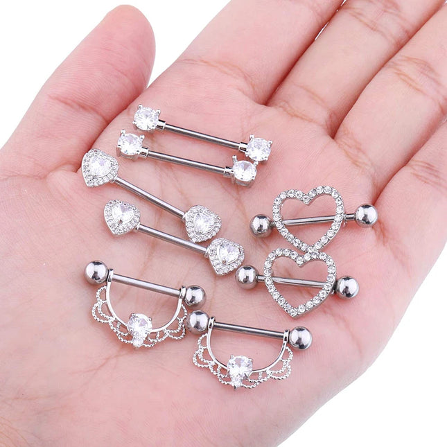 Stainless Steel Heart Nipple Piercing Rings Sets 14G Crystal Tongue Ring Nipple Barbell Lot Sexy Piercing Nipple Body Jewelry