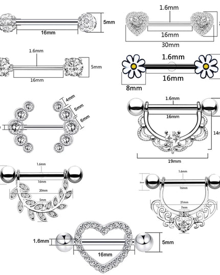 Stainless Steel Heart Nipple Piercing Rings Sets 14G Crystal Tongue Ring Nipple Barbell Lot Sexy Piercing Nipple Body Jewelry