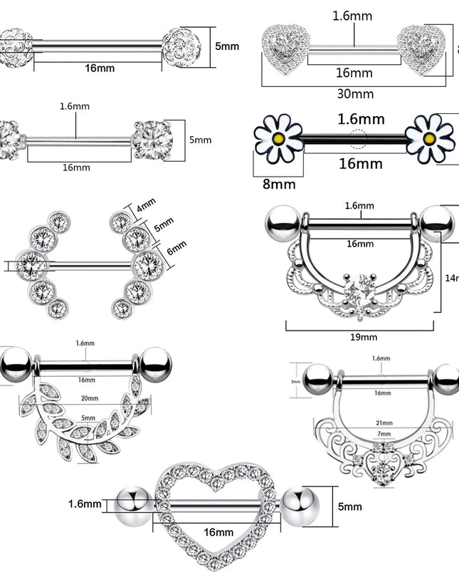 Stainless Steel Heart Nipple Piercing Rings Sets 14G Crystal Tongue Ring Nipple Barbell Lot Sexy Piercing Nipple Body Jewelry