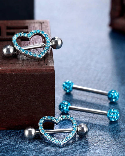 Stainless Steel Heart Nipple Piercing Rings Sets 14G Crystal Tongue Ring Nipple Barbell Lot Sexy Piercing Nipple Body Jewelry
