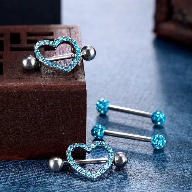 Stainless Steel Heart Nipple Piercing Rings Sets 14G Crystal Tongue Ring Nipple Barbell Lot Sexy Piercing Nipple Body Jewelry