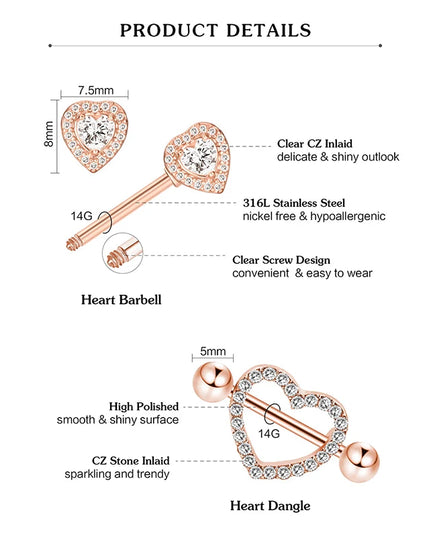 Stainless Steel Heart Nipple Piercing Rings Sets 14G Crystal Tongue Ring Nipple Barbell Lot Sexy Piercing Nipple Body Jewelry