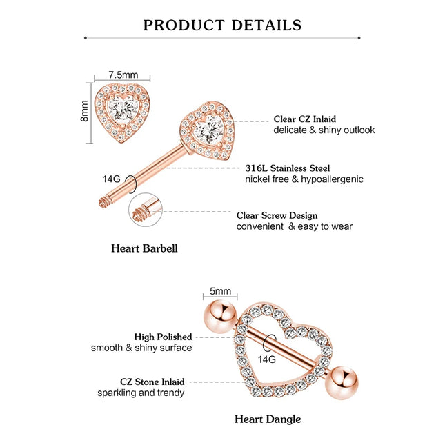 Stainless Steel Heart Nipple Piercing Rings Sets 14G Crystal Tongue Ring Nipple Barbell Lot Sexy Piercing Nipple Body Jewelry