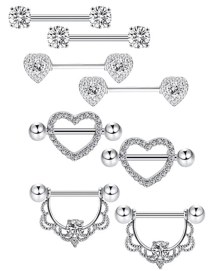 Stainless Steel Heart Nipple Piercing Rings Sets 14G Crystal Tongue Ring Nipple Barbell Lot Sexy Piercing Nipple Body Jewelry