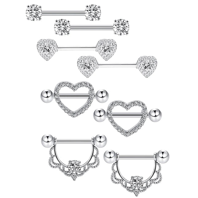 Stainless Steel Heart Nipple Piercing Rings Sets 14G Crystal Tongue Ring Nipple Barbell Lot Sexy Piercing Nipple Body Jewelry