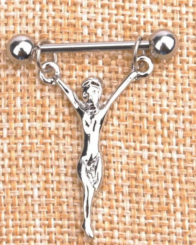 1PCS Nipple Piercing Statue Jesus Stainless Steel Nipple Barbells Chains Statue Of Jesus Nipple Shields Bars Body Jewelry