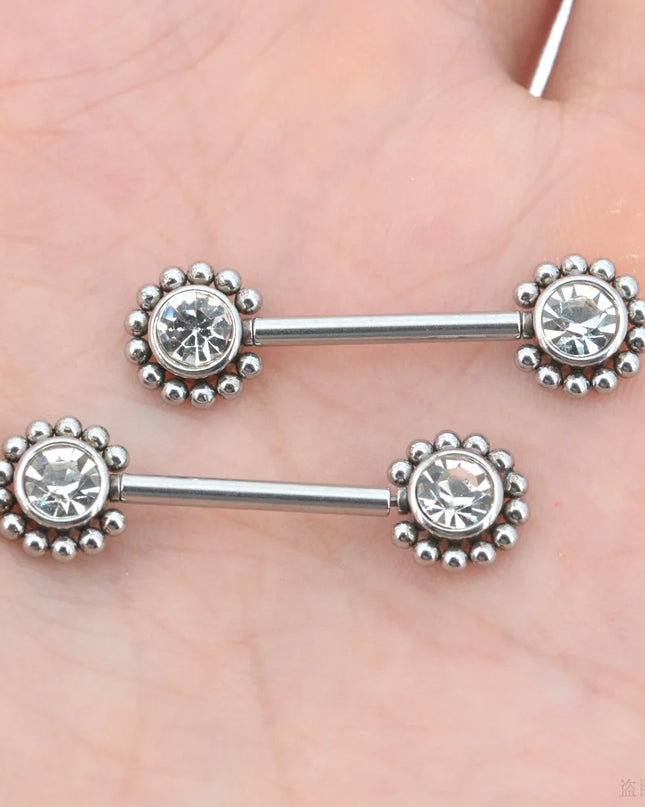 2Pcs 1.2x14mm Unthreaded Barbell Nipple Rings with Rhinestone Ball Stainless Steel Nipple Piercing Nonscrewed Nipples Jewelry