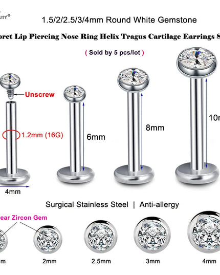 5 Pcs/Lot 1.5~4mm Gem 16G 6/8/10mm Bar Nose Ring Stud Helix Piercing Oreja Labret Lip Ring Ear Piercing Tragus Earrings Jewelry