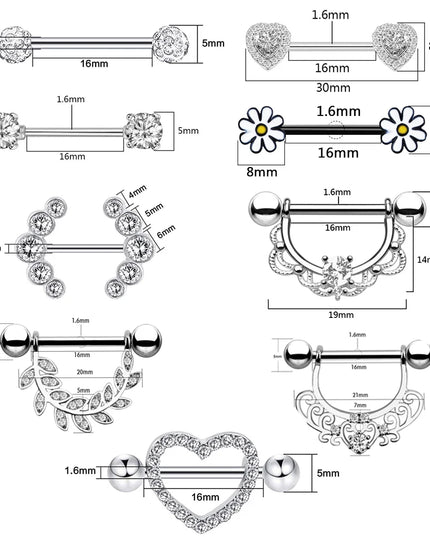 Stainless Steel Heart Nipple Piercing Rings Sets 14G Crystal Tongue Ring Nipple Barbell Lot Sexy Piercing Nipple Body Jewelry