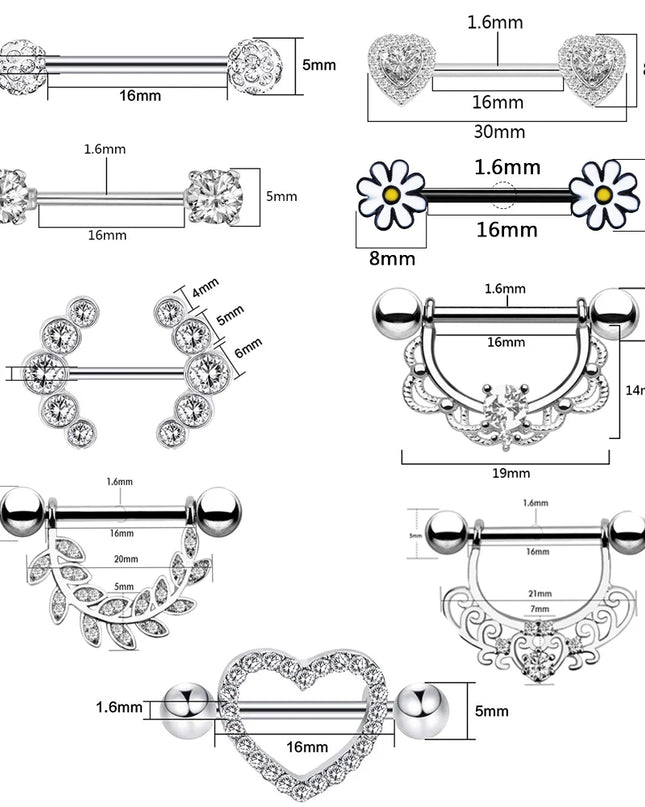 Stainless Steel Heart Nipple Piercing Rings Sets 14G Crystal Tongue Ring Nipple Barbell Lot Sexy Piercing Nipple Body Jewelry