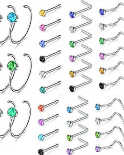 12/24/36Pcs L Shape Nose Ring Curve Pack Crystal Straight Nose Ring Set Nose Stud Lot Piercing Nariz Cuff Nase Pircing Nose Clip
