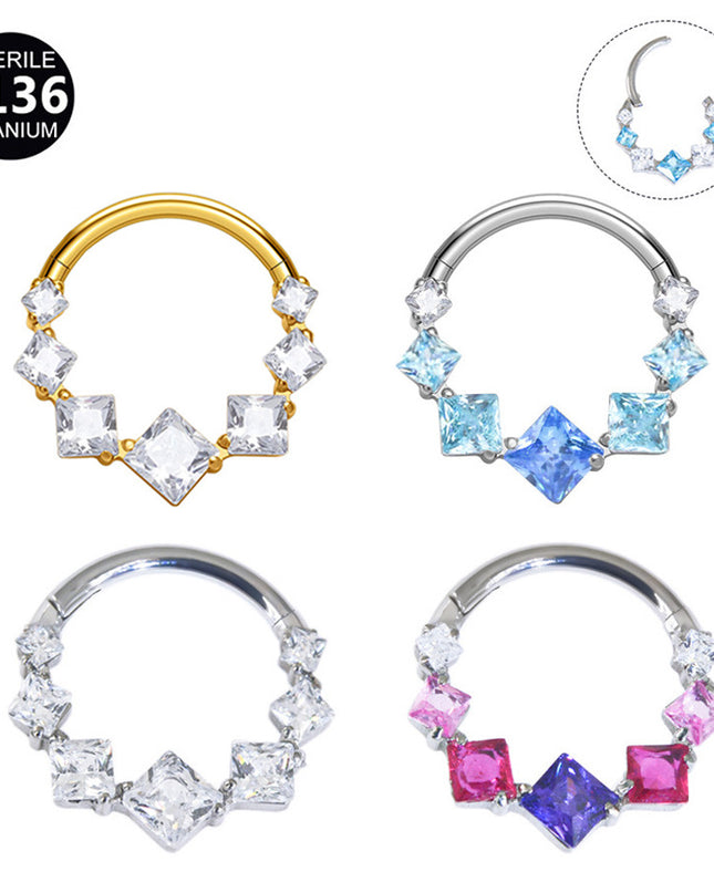 1.2mm thick 8~10mm inner diameter titanium alloy square color stitching zircon nose ring nasal septum puncture jewelry