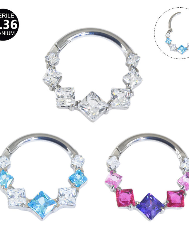 1.2mm thick 8~10mm inner diameter titanium alloy square color stitching zircon nose ring nasal septum puncture jewelry