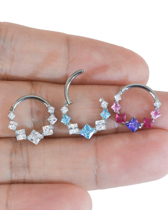 1.2mm thick 8~10mm inner diameter titanium alloy square color stitching zircon nose ring nasal septum puncture jewelry
