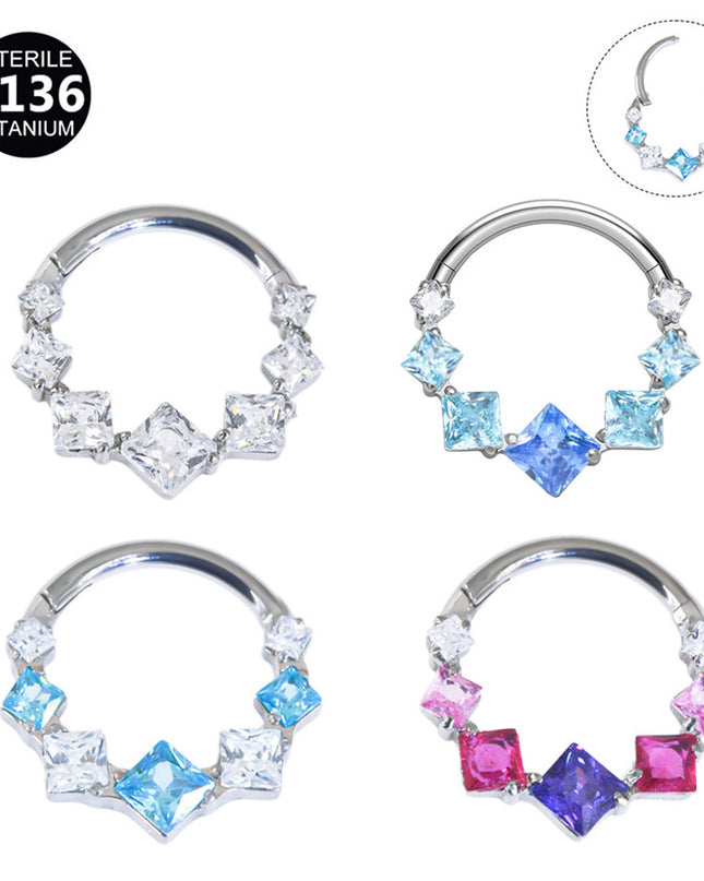 1.2mm thick 8~10mm inner diameter titanium alloy square color stitching zircon nose ring nasal septum puncture jewelry