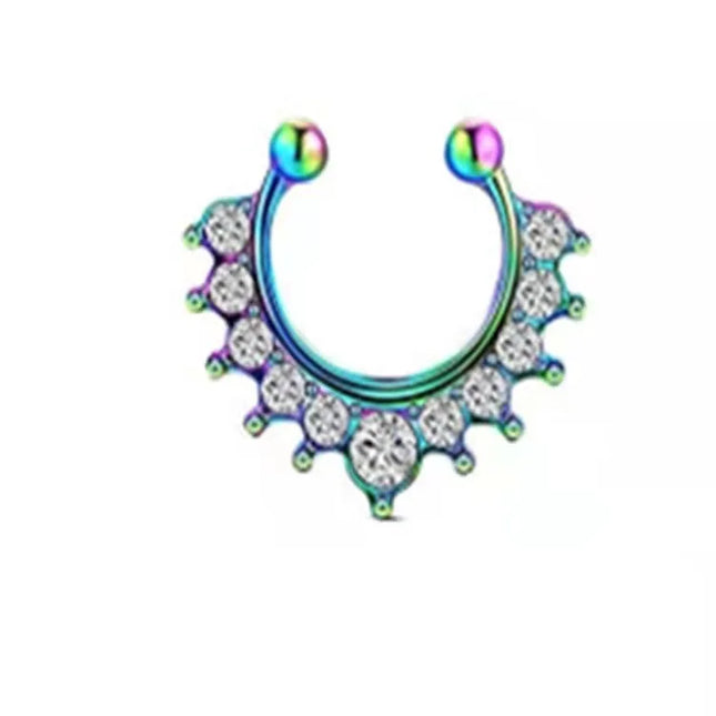5pcs Wholesale Nose Piercing Fake Septum Ring Rhinestone Crystal Metal Faux Percing Nose Rings For Women Lady Punk Body Jewelry