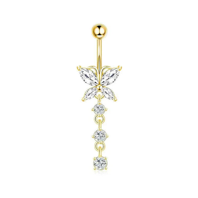 Dangle Belly Button Rings, 14G 316L Stainless Surgical Steel Cubic Zirconia Butterfly Heart Navel Ring Piercing Jewelry Barbells