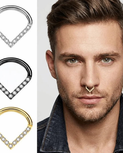 Surgical Steel Septum Nose Clicker Teardrop Shape Segment Ring Rhinestone Nose Ring Gold Hinged Body Piercing Jewelry Men