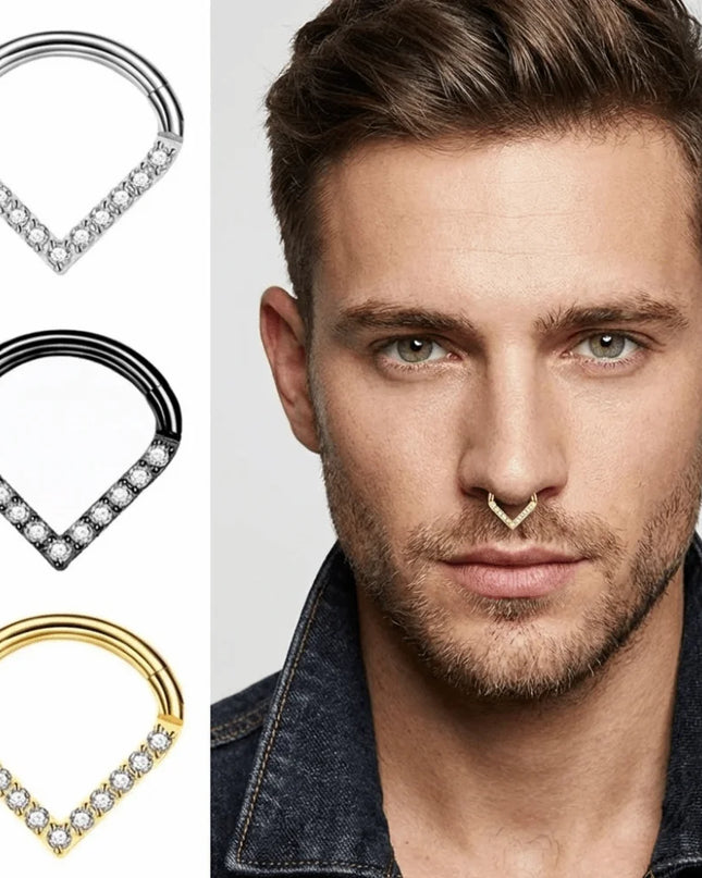 Surgical Steel Septum Nose Clicker Teardrop Shape Segment Ring Rhinestone Nose Ring Gold Hinged Body Piercing Jewelry Men
