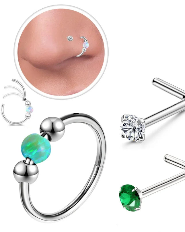 316L Stainless Steel Opal Bead Nose Ring Hoop L-Shaped CZ Nose Stud Set Septum Piercing Nose Jewelry