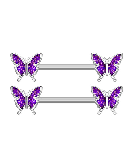 2pcs Lettering Sexy Nipple Piercing Jewelry Buttefly Cat Flower Dangled Stainless Steel Nipple Rings for Women Girls 1.6*16mm