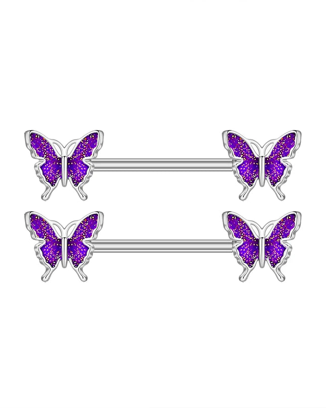 2pcs Lettering Sexy Nipple Piercing Jewelry Buttefly Cat Flower Dangled Stainless Steel Nipple Rings for Women Girls 1.6*16mm