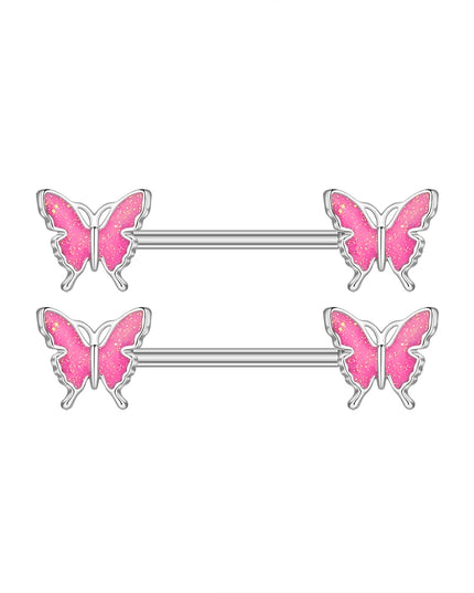 2pcs Lettering Sexy Nipple Piercing Jewelry Buttefly Cat Flower Dangled Stainless Steel Nipple Rings for Women Girls 1.6*16mm
