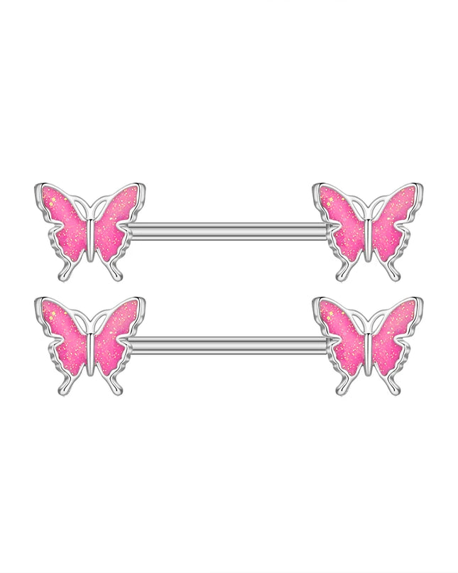 2pcs Lettering Sexy Nipple Piercing Jewelry Buttefly Cat Flower Dangled Stainless Steel Nipple Rings for Women Girls 1.6*16mm