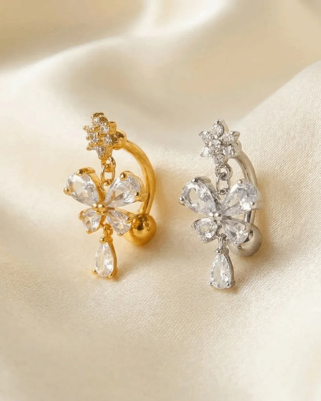 Zircon Bow Belly Button Rings Flower Head Butterfly Design Dangle Belly Rings 316 Stainless Steel Cute Reversed Navel Rings