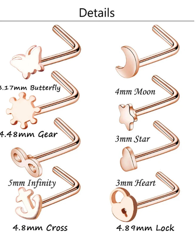 3/4/5/8/10/15/30pcs/lot Fake Nose Studs Ring Piercing Sets L-S-Shaped Curved Nose Rings Pack Steel Star Heart Moon Nose Jewelry