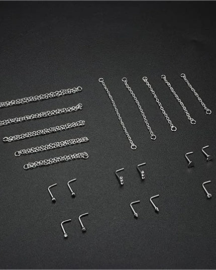 Nose Rings Chain Piercing Across Double with Chain Studs with Chain 20G Piercing Stud Nostril Jewelry for Women Men