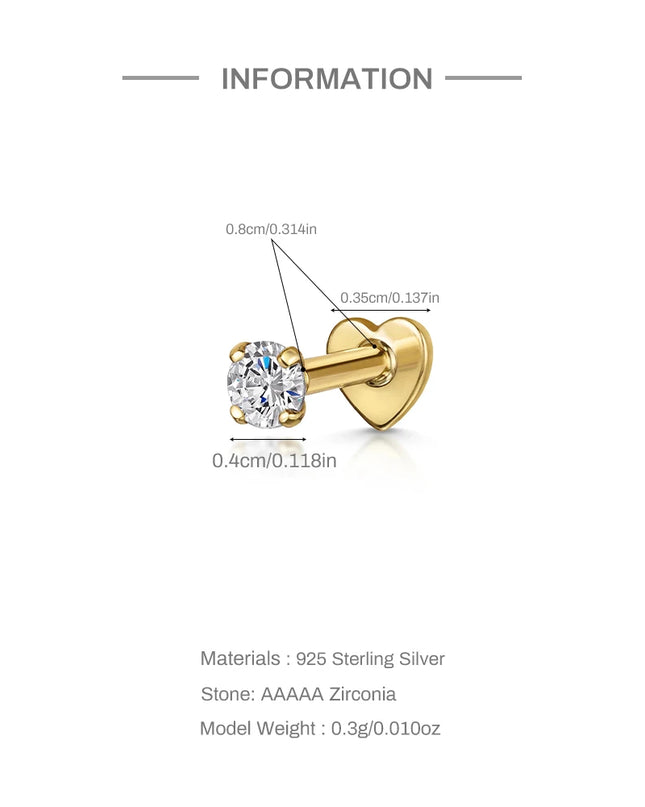 AIDE Heart Round Ball Flat Helix Piercing Earring 925 Sterling Silver Ear Studs Geometric Zircon Exquisite Trinket Studs Aretes