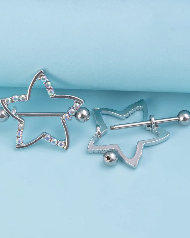 2pcs Nipple Ring Barbell Rhinestone Paved Star Shape Nipplerings Piercing Stainless Steel 14G Nipple Rings Shields Body Piercing