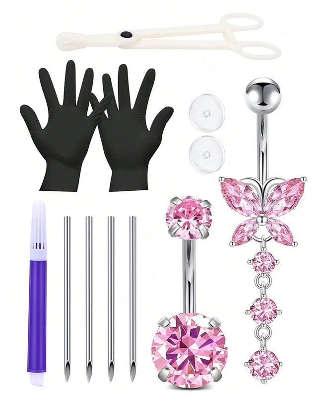 Belly Piercing Kit 12Pcs Belly Button Piercing Kit Includes 2Pcs 14G Belly Button Rings 1Pc Piercing Clamp 4Pc Piercing Needles