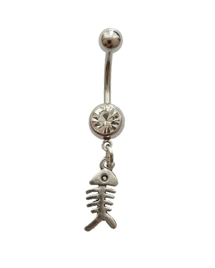 Funny Fish Bone Dangle Belly Button Ring, Skeleton Charm Surgical Stainless Steel 14 Gauge Navel Barbell Ring, Beach Jewelry