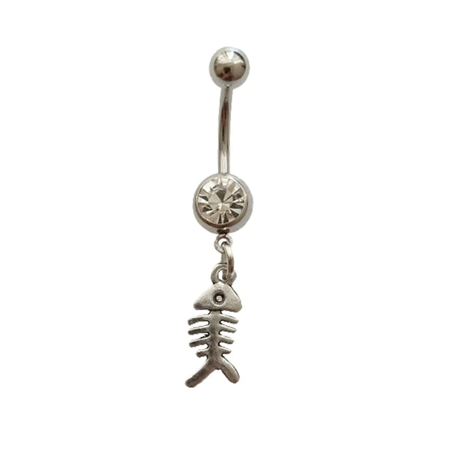 Funny Fish Bone Dangle Belly Button Ring, Skeleton Charm Surgical Stainless Steel 14 Gauge Navel Barbell Ring, Beach Jewelry
