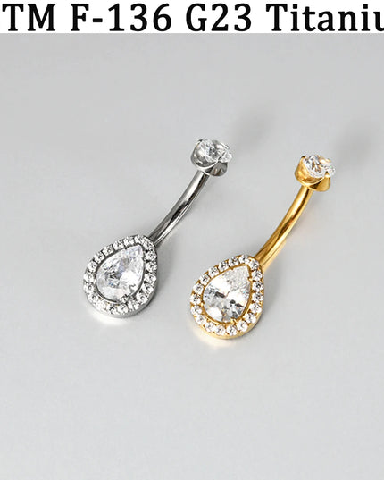 1PC Sexy Exquaisite Waterdrop Full Zirconia Paved Belly Button Ring 14G G23 Impalnt Titanium Internal Thread Navel Belly Ring