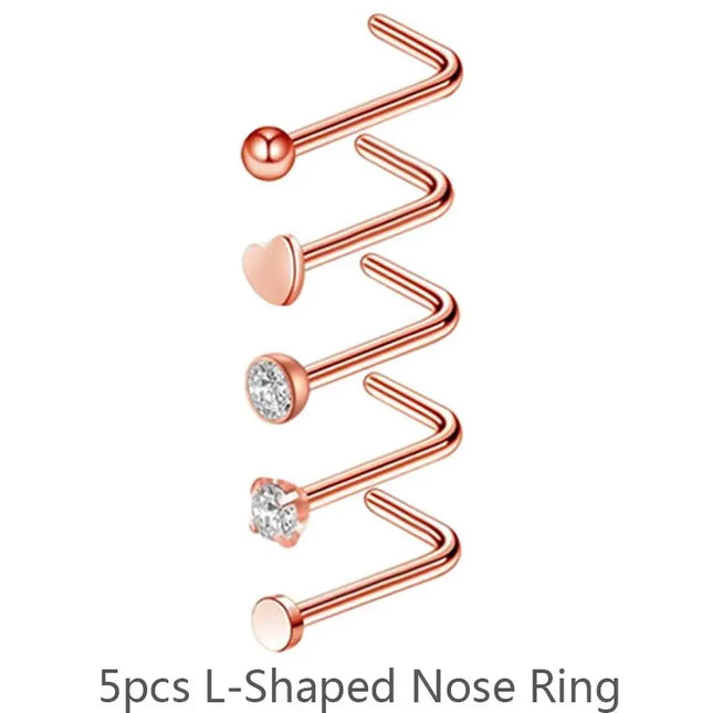 3/4/5/8/10/15/30pcs/lot Fake Nose Studs Ring Piercing Sets L-S-Shaped Curved Nose Rings Pack Steel Star Heart Moon Nose Jewelry
