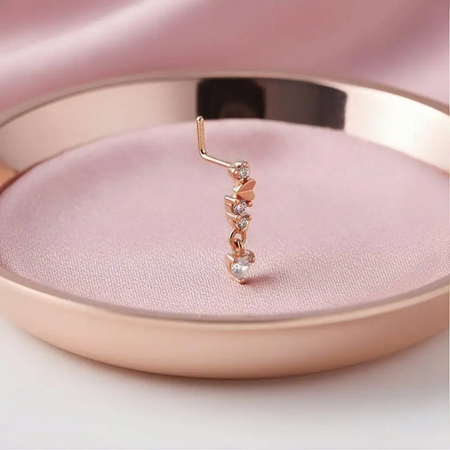 Stainless Steel Long Fashion Nose Rings For Women Copper With Heart Dangle L-Bend Nose Piercing Rings Body Jewelry