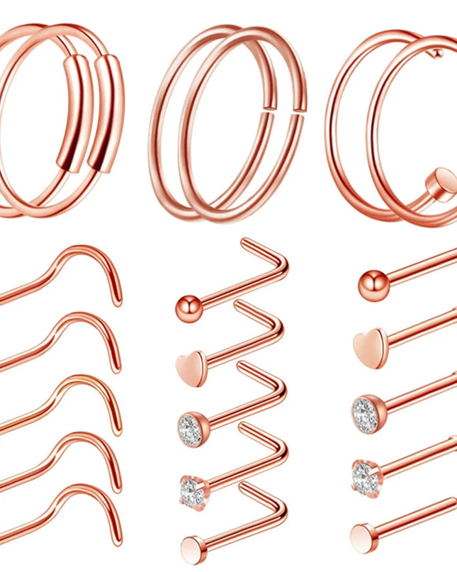 3/4/5/8/10/15/30pcs/lot Fake Nose Studs Ring Piercing Sets L-S-Shaped Curved Nose Rings Pack Steel Star Heart Moon Nose Jewelry