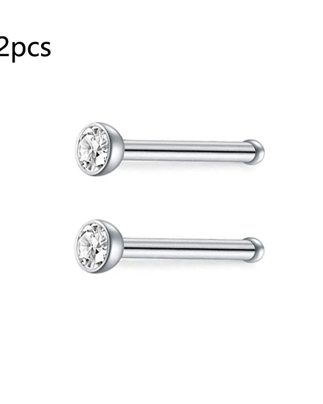 Nose Rings 2pcs 20G Surgical Steel Piercing Jewelry Straight Screw Clear CZ Nose Piercing Jewelry Silver Nostril Ring