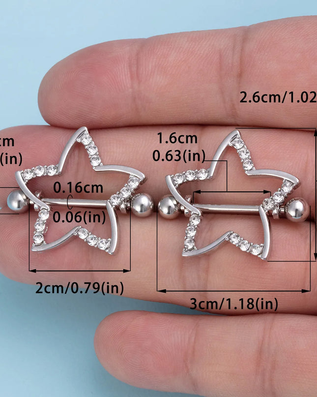2pcs Nipple Ring Barbell Rhinestone Paved Star Shape Nipplerings Piercing Stainless Steel 14G Nipple Rings Shields Body Piercing