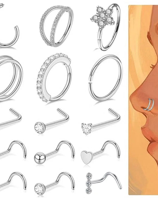 15Pcs Mixed Double Nose Rings L Ring Hoop Hypoallergenic Body Clips Hoop Rhinestone Nose Piercing Jewelry Piercing Studs