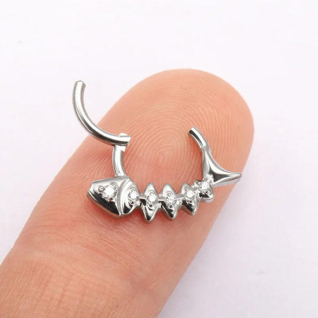 G23 Titanium Fishbone Spike Nose Ring Hinged Clicker Septem Piercing Gothic Zircon Anodized Segment Hoop Ring Daith Earring