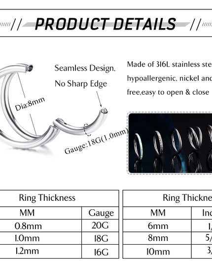 1Pc Surgical Steel Nose Rings Hoops for Women Men Clicker Septum Lip Nose Rings Helix Cartilage Conch Rook Piercing Jewelry