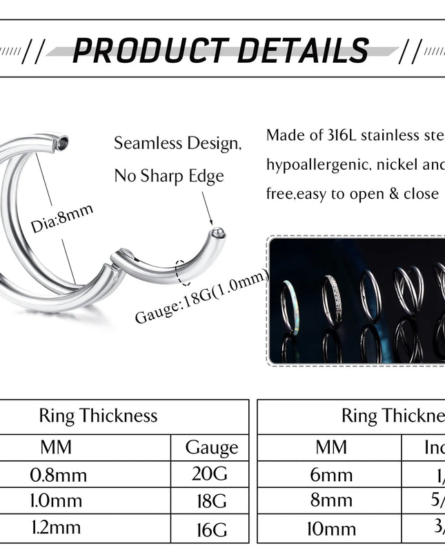 1Pc Surgical Steel Nose Rings Hoops for Women Men Clicker Septum Lip Nose Rings Helix Cartilage Conch Rook Piercing Jewelry