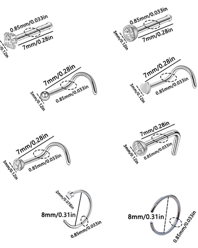 8PCS Nose Rings For Women Men Hypoallergenic 304 Surgical Stainless Steel L Shape Nose Screw