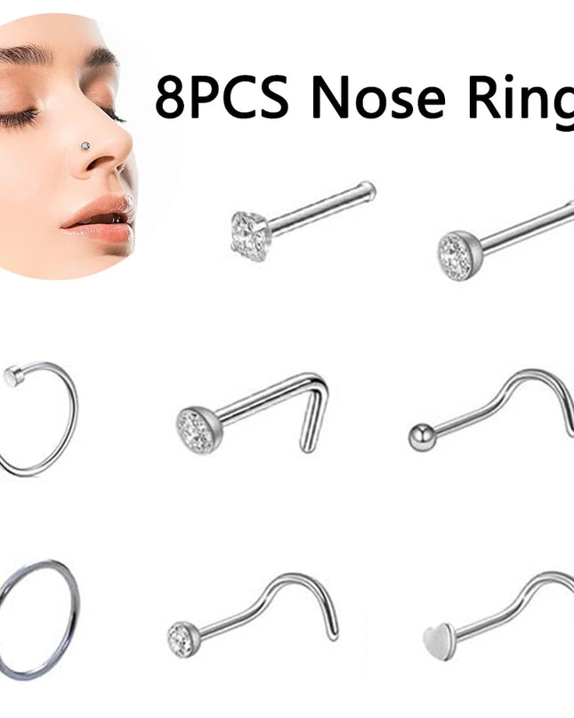8PCS Nose Rings For Women Men Hypoallergenic 304 Surgical Stainless Steel L Shape Nose Screw