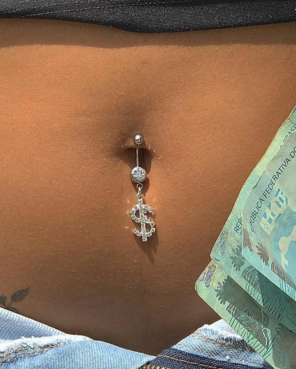 Hip Hop Dollar Belly Button Nail Rings Stainless Steel Anti Allergy Punk Rhinestone Dangle Belly Piercing Jewelry For Women Gift